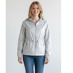 Columbia Hooded Cinched Waist Silver Gray Print Windbreaker Jacket Women's M